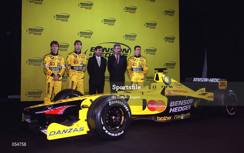 16 January 2000; Drivers Jarno Trulli, Heinz-Harold Frentzen, Takefumi Hosaka, Managing Director, Honda,, Eddie Jordan, Chief Executive, Jordan Grand Prix, and reserve driver Ricardo Zonta at the launch of Jordan Grand Prix's Honda powered EJ11 car at Silverstone Circuit in Towcester, England. Photo by Damien Eagers/Sportsfile