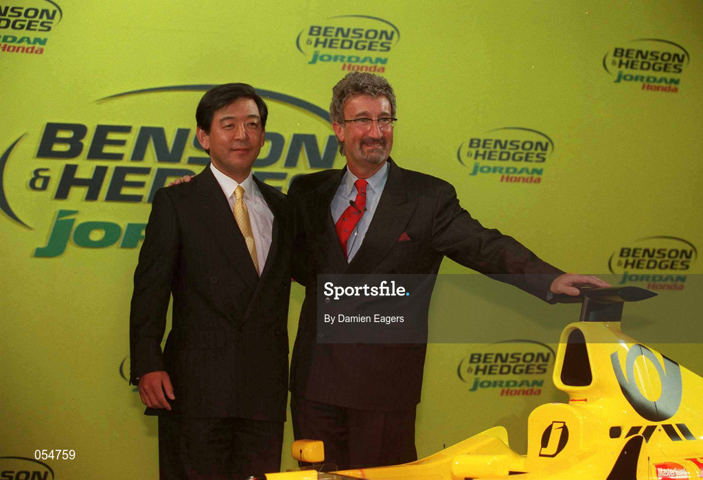 16 January 2000; Takefumi Hosaka, Managing Director, Honda, and Eddie Jordan, Chief Executive, Jordan Grand Prix, at the launch of Jordan Grand Prix's Honda powered EJ11 car at Silverstone Circuit in Towcester, England. Photo by Damien Eagers/Sportsfile