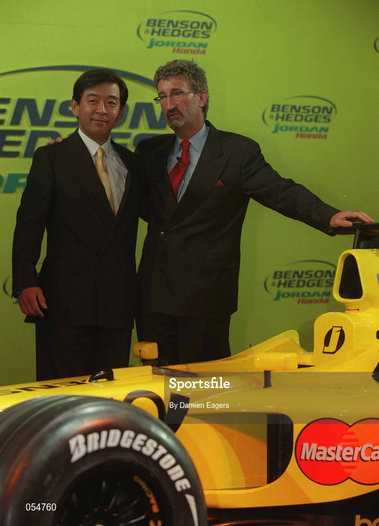 16 January 2000; Takefumi Hosaka, Managing Director, Honda, and Eddie Jordan, Chief Executive, Jordan Grand Prix, at the launch of Jordan Grand Prix's Honda powered EJ11 car at Silverstone Circuit in Towcester, England. Photo by Damien Eagers/Sportsfile