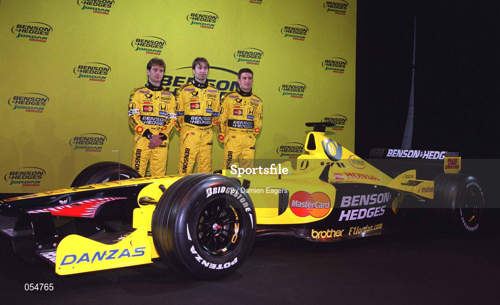 16 January 2000; Drivers Jarno Trulli, left, Heinz-Harald Frentzen, centre, and test driver Ricardo Zonta at the launch of Jordan Grand Prix's Honda powered EJ11 car at Silverstone Circuit in Towcester, England. Photo by Damien Eagers/Sportsfile