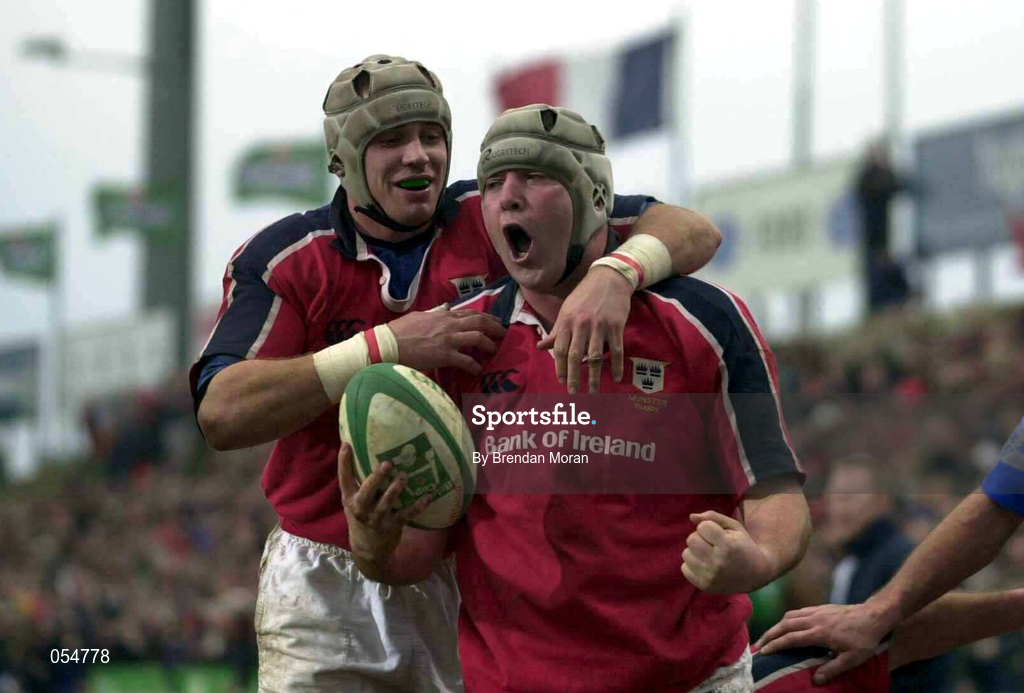 20 January 2001; Anthony Foley, right, celebrates with Munster team-mate Alan Quinlan after scoring his side's first try during the Heineken Cup Pool 4 Round 6 match between Munster and Castres at Musgrave Park in Cork. Photo by Brendan Moran/Sportsfile
