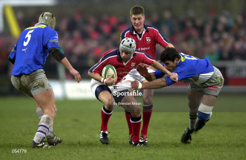 20 January 2001; Killian Keane of Munster is tackled by Eric Artiguste of Castres during the Heineken Cup Pool 4 Round 6 match between Munster and Castres at Musgrave Park in Cork. Photo by Brendan Moran/Sportsfile