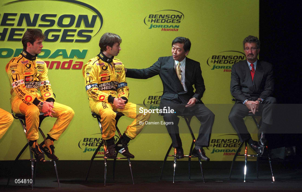 16 January 2000; Drivers Jarno Trulli and Heinz-Harald Frentzen, with Takefumi Hosaka, Managing Director, Honda, and Eddie Jordan, Chief Executive, Jordan Grand Prix, at the launch of Jordan Grand Prix's Honda powered EJ11 car at Silverstone Circuit in Towcester, England. Photo by Damien Eagers/Sportsfile