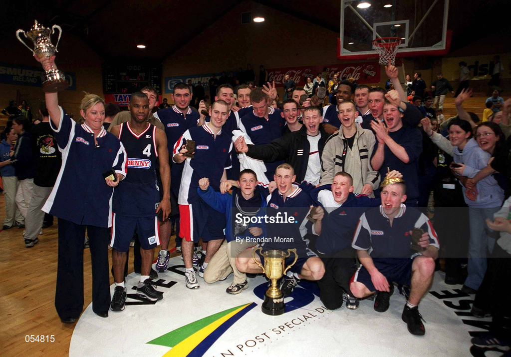 30 January 2000; The Denny Notre Dame celebrate following the Senior Men's Sprite Cup Final between Denny Notre Dame and St Vincent's at the National Basketball Arena in Tallaght, Dublin. Photo by Brendan Moran/Sportsfile