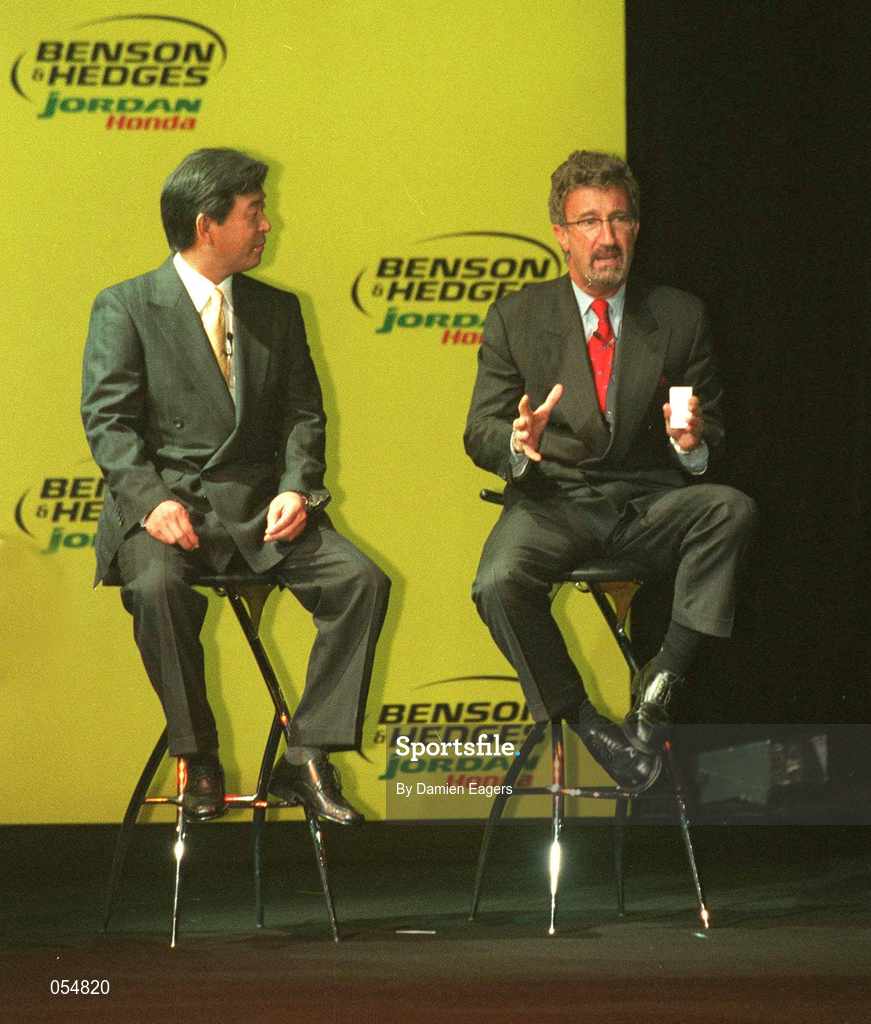 16 January 2000; Takefumi Hosaka, Managing Director, Honda, left, and Eddie Jordan, Chief Executive, Jordan Grand Prix, at the launch of Jordan Grand Prix's Honda powered EJ11 car at Silverstone Circuit in Towcester, England. Photo by Damien Eagers/Sportsfile