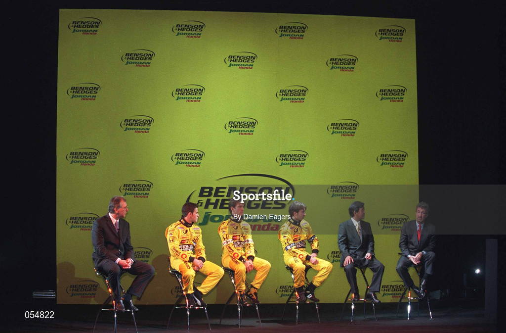 16 January 2000; At the launch of Jordan Grand Prix's Honda powered EJ11 car at Silverstone Circuit in Towcester, England, are, from left, Tim Holloway of Chief Engineer of Jordan Grand Prix, drivers Richardo Zonta,  Jarno Trulli, Heinz-Harald Frentzen, Tafemui Hosaka, Managing Director, Honda, and Eddie Jordan,  Chief Executive, Jordan Grand Prix. Photo by Damien Eagers/Sportsfile