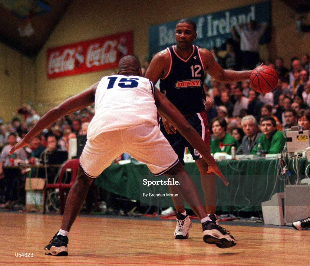 30 January 2000; Anthony Jenkins of Denny Notre Dame in action against Ferdinand Williams of St. Vincents during the Senior Men's Sprite Cup Final between Denny Notre Dame and St Vincent's at the National Basketball Arena in Tallaght, Dublin. Photo by Brendan Moran/Sportsfile