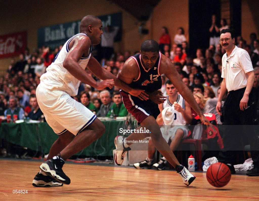 30 January 2000; Anthony Jenkins of Denny Notre Dame in action against Ferdinand Williams of St. Vincents during the Senior Men's Sprite Cup Final between Denny Notre Dame and St Vincent's at the National Basketball Arena in Tallaght, Dublin. Photo by Brendan Moran/Sportsfile