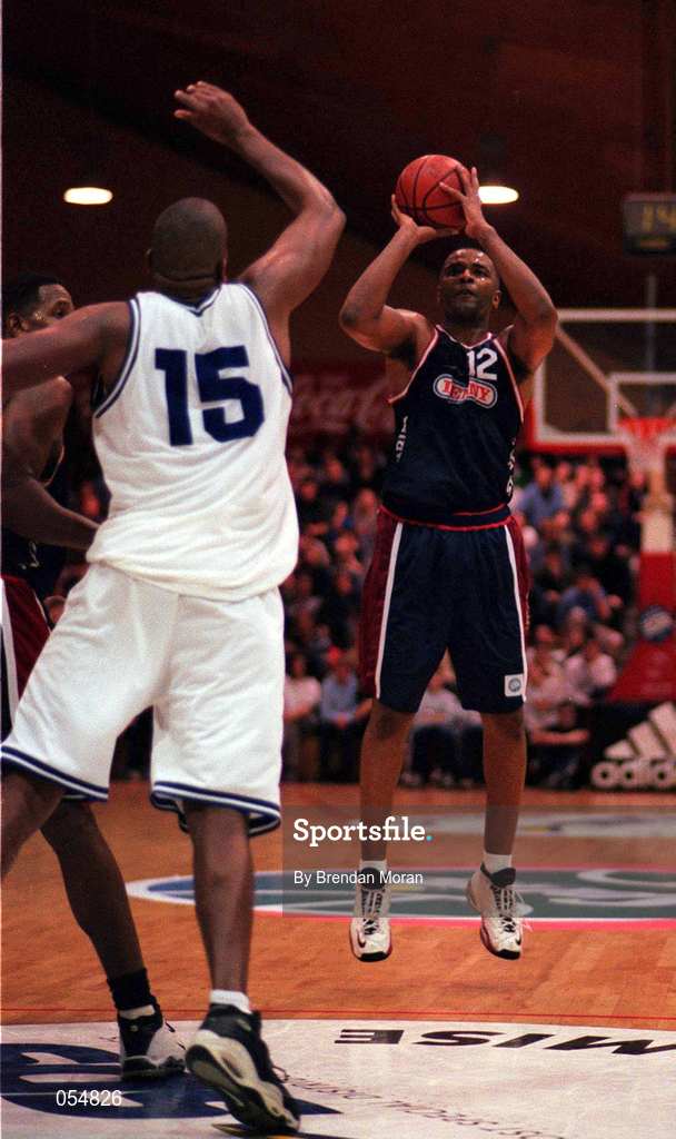 30 January 2000; Anthony Jenkins of Denny Notre Dame in action against Ferdinand Williams of St. Vincents during the Senior Men's Sprite Cup Final between Denny Notre Dame and St Vincent's at the National Basketball Arena in Tallaght, Dublin. Photo by Brendan Moran/Sportsfile