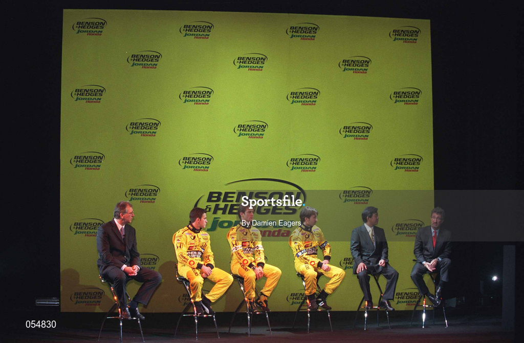 16 January 2000; At the launch of Jordan Grand Prix's Honda powered EJ11 car at Silverstone Circuit in Towcester, England, are, from left, Tim Holloway of Chief Engineer of Jordan Grand Prix, drivers Richardo Zonta,  Jarno Trulli, Heinz-Harald Frentzen, Tafemui Hosaka, Managing Director, Honda, and Eddie Jordan,  Chief Executive, Jordan Grand Prix. Photo by Damien Eagers/Sportsfile