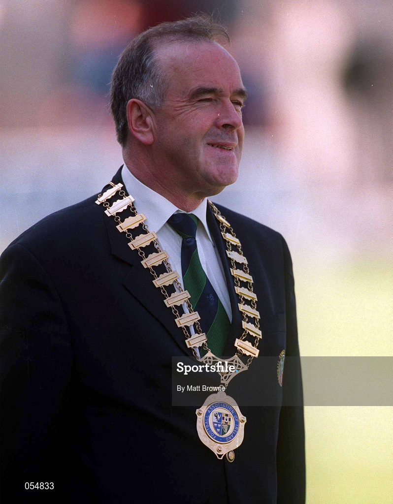 30 April 2000; Pat Quigley, President of the Football Association of Ireland during the FAI Cup Final match between Shelbourne and Bohemians at Tolka Park in Dublin. Photo by Matt Browne/Sportsfile
