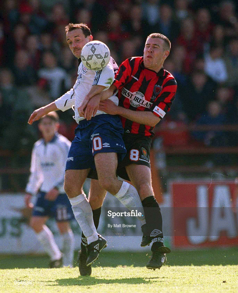 30 April 2000; Stephen Geoghegan of Shelbourne in action against Stephen Caffery of Bohemians during the FAI Cup Final match between Shelbourne and Bohemians at Tolka Park in Dublin. Photo by Matt Browne/Sportsfile