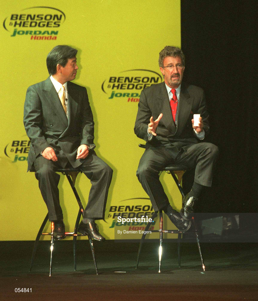 16 January 2000; Takefumi Hosaka, Managing Director, Honda, left, and Eddie Jordan, Chief Executive, Jordan Grand Prix, at the launch of Jordan Grand Prix's Honda powered EJ11 car at Silverstone Circuit in Towcester, England. Photo by Damien Eagers/Sportsfile