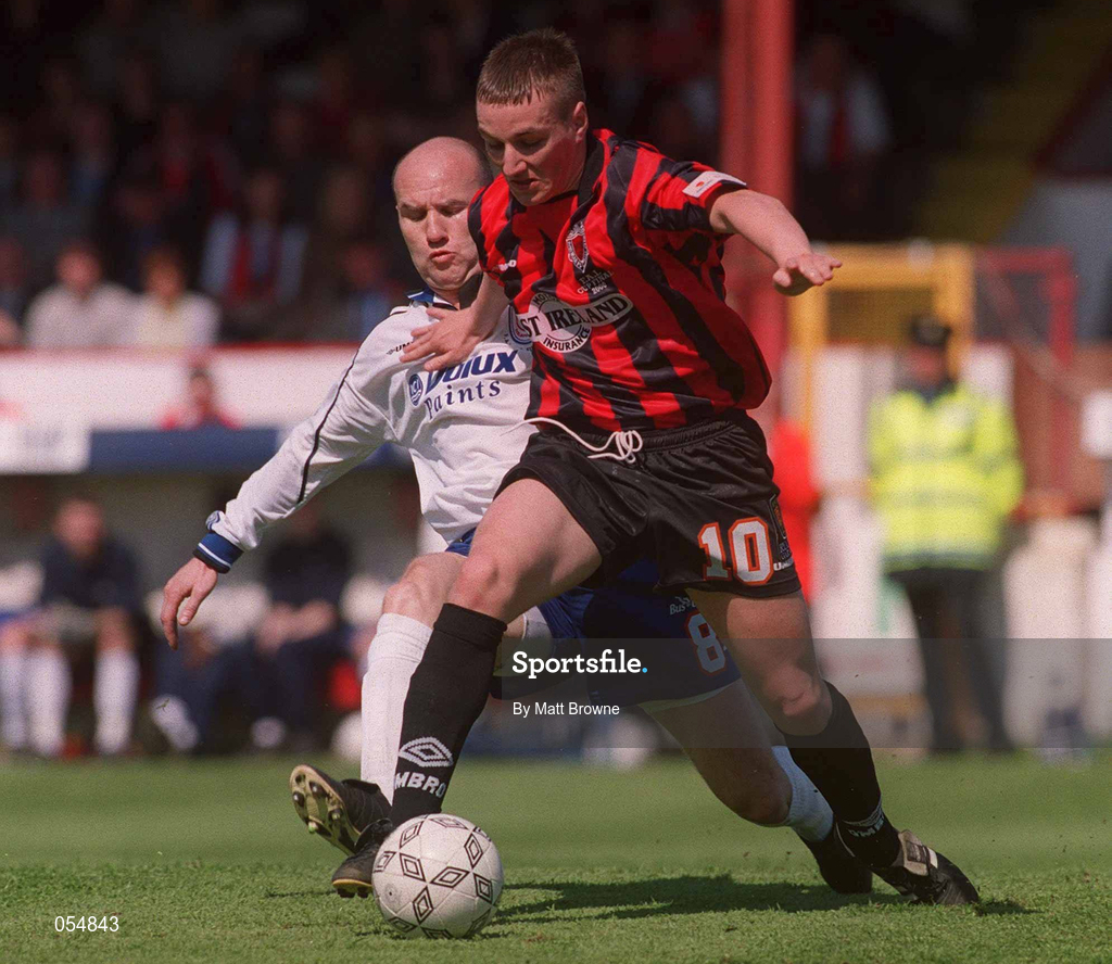 30 April 2000; Garreth O'Connor of Bohemians is tackled by Paul Doolin of Shelbourne during the FAI Cup Final match between Shelbourne and Bohemians at Tolka Park in Dublin. Photo by Matt Browne/Sportsfile