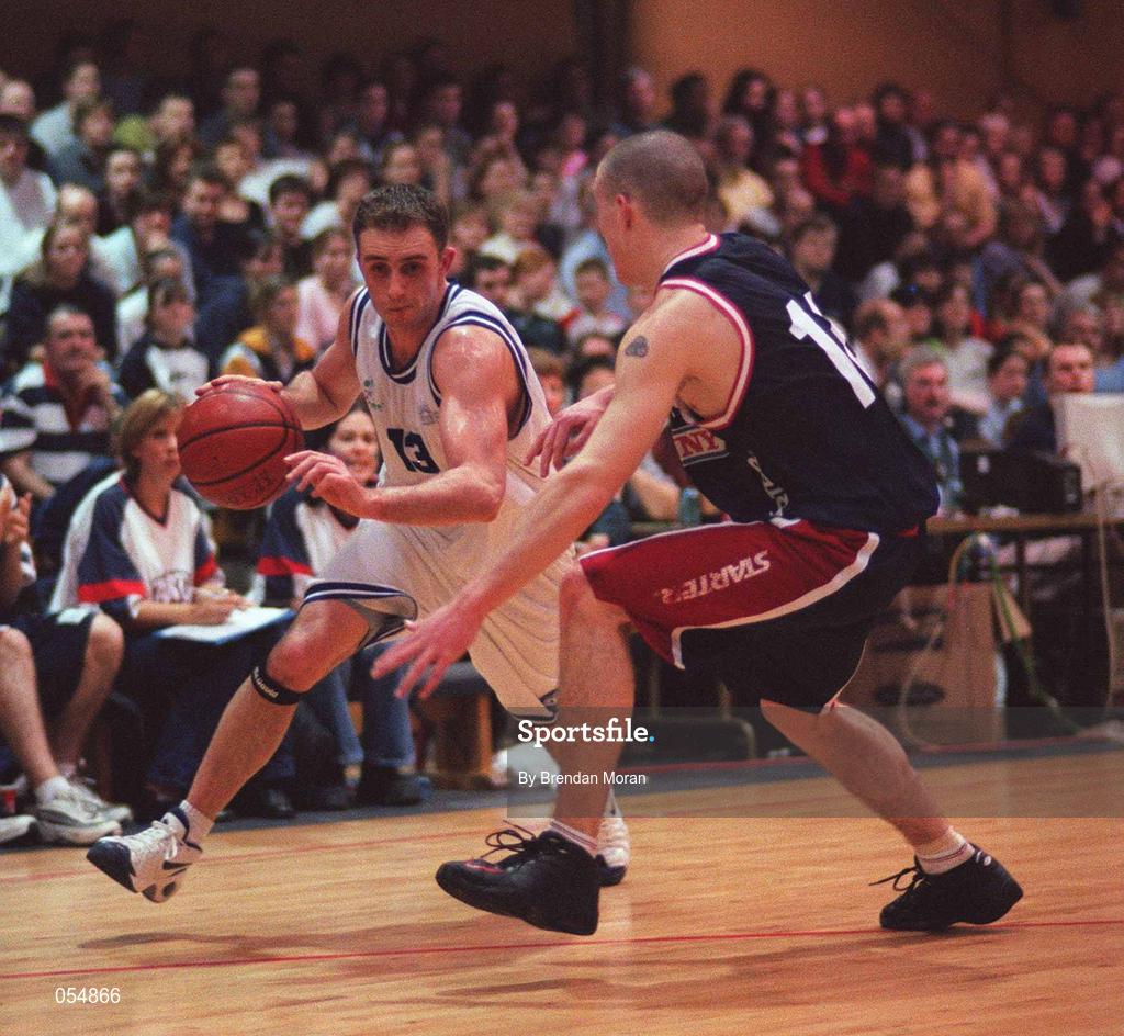 30 January 2000; Karl Donnelly of St. Vincents in action against Ciaran Dempsey of Denny Notre Dame during the Senior Men's Sprite Cup Final between Denny Notre Dame and St Vincent's at the National Basketball Arena in Tallaght, Dublin. Photo by Brendan Moran/Sportsfile