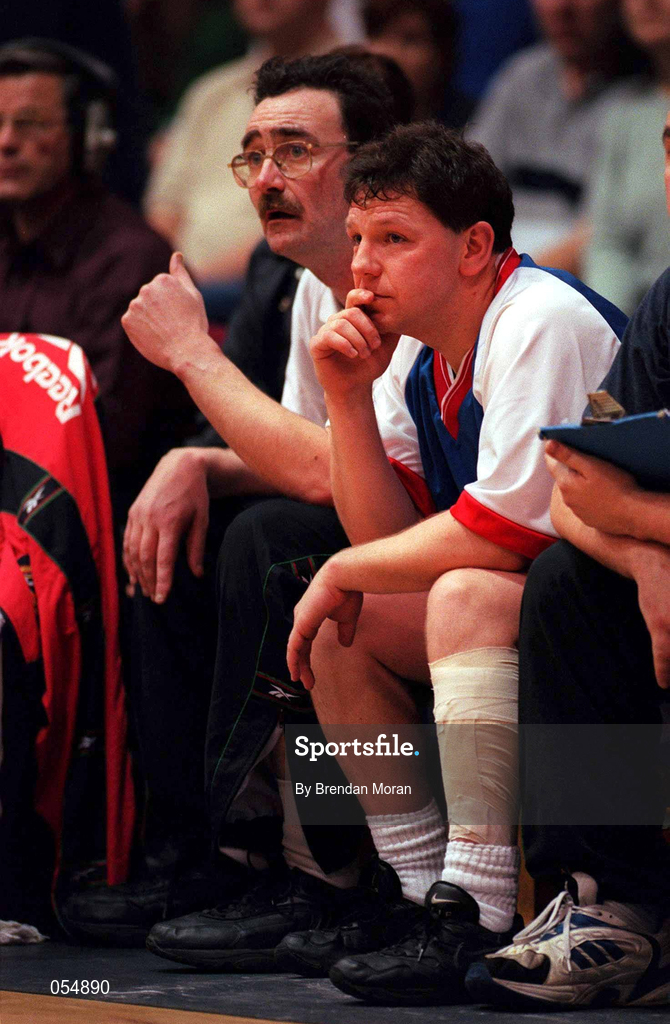 29 January 2000; St. Vincent's coaching staff Joey Boylan, left, and Mark Keenan during the Senior Men's Sprite Cup Semi-Final match between St Vincent's and Waterford Crystal at the National Basketball Arena in Tallaght, Dublin. Photo by Brendan Moran/Sportsfile
