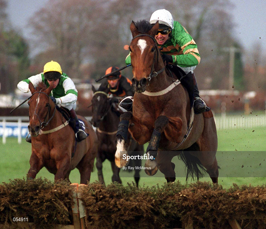 21 January 2001;  Istabraq, with Charlie Swan up, jumps the last on the way to win The AIG Europe Champion Hurdle at Leopardstown Racecourse in Dublin. Photo by Ray McManus/Sportsfile