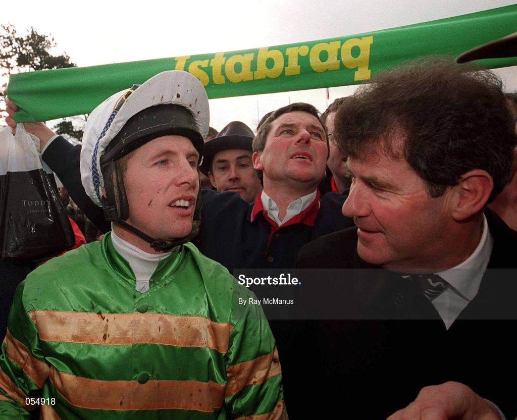 21 January 2001; Jockey Charlie Swan, left, and owner JP McManus after winning the AIG Europe Champion Hurdle with Istabraq at Leopardstown Racecourse in Dublin. Photo by Ray McManus/Sportsfile