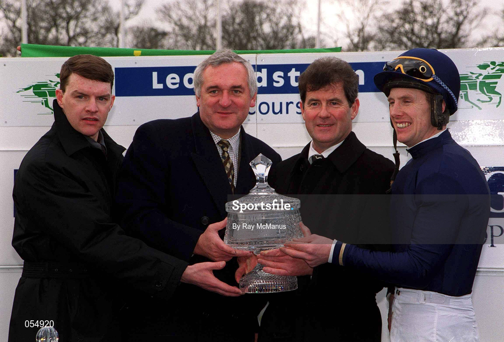21 January 2001; An Taoiseach, Bertie Ahern, presents The AIG Europe Champion Hurdle Trophy to winning connections, from left, trainer Aidan O'Brien, owner JP McManus and jockey Charlie Swan after Istabraq won at Leopardstown Racecourse in Dublin. Photo by Ray McManus/Sportsfile