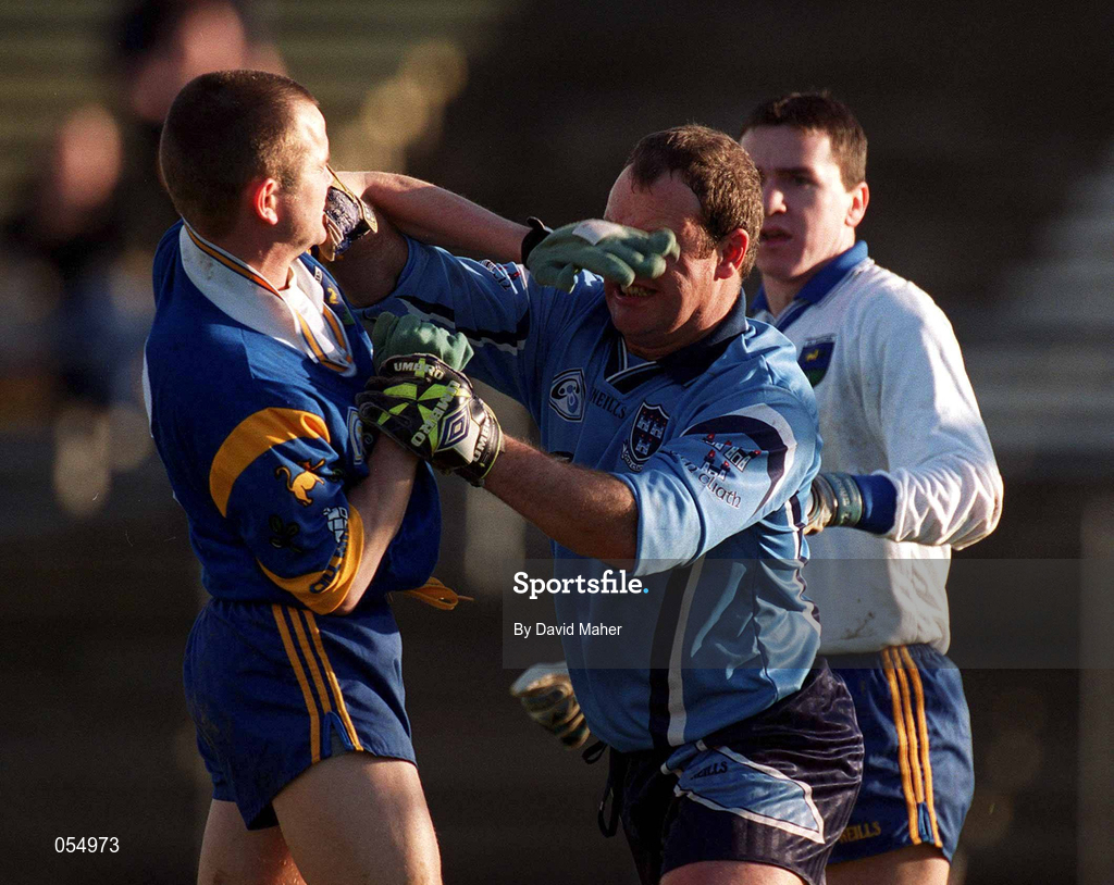 21 January 2001; Vinny Murphy of Dublin squares up to Mark Coffey of Wicklow during the O'Byrne Cup Quarter-Final match between Wicklow and Dublin at the County Grounds in Aughrim, Wicklow. Photo by David Maher/Sportsfile