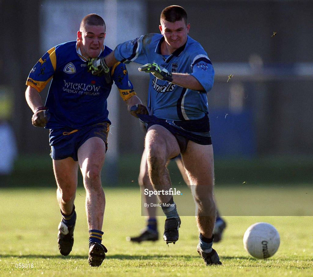 21 January 2001; Darren Homan of Dublin is tackled by Gary Doran of Wicklow during the O'Byrne Cup Quarter-Final match between Wicklow and Dublin at the County Grounds in Aughrim, Wicklow. Photo by David Maher/Sportsfile