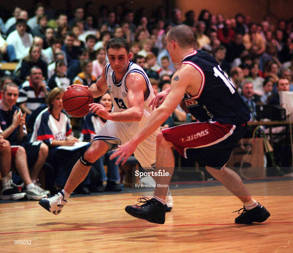 30 January 2000; Karl Donnelly of St. Vincents in action against Ciaran Dempsey of Denny Notre Dame during the Senior Men's Sprite Cup Final between Denny Notre Dame and St Vincent's at the National Basketball Arena in Tallaght, Dublin. Photo by Brendan Moran/Sportsfile