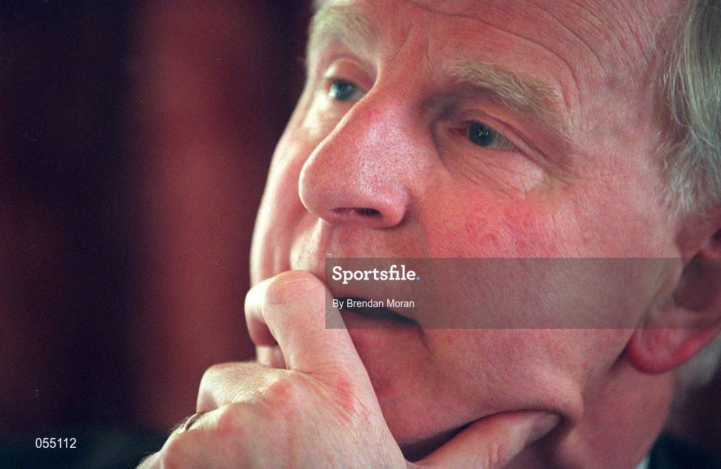 24 January 2001; President of the Olympic Council of Ireland Pat Hickey speaking at a press conference in the Shelbourne Hotel in Dublin, on the vision for the Olympic Movement in Ireland for the next 4 years up to and including the Athens Olympics. Photo by Brendan Moran/Sportsfile