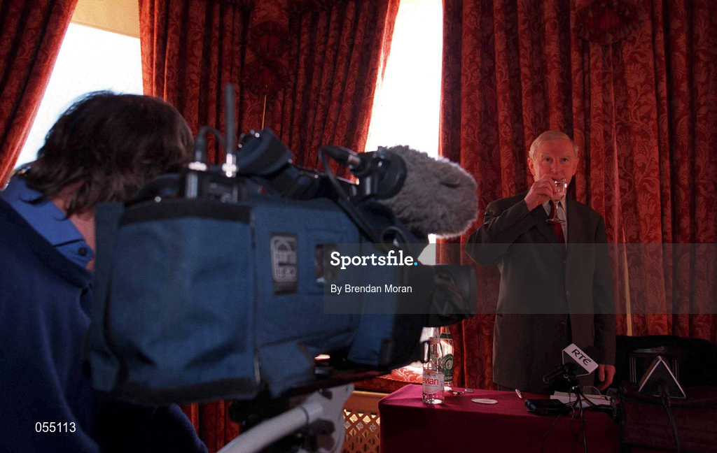 24 January 2001; President of the Olympic Council of Ireland Pat Hickey speaking at a press conference in the Shelbourne Hotel in Dublin, on the vision for the Olympic Movement in Ireland for the next 4 years up to and including the Athens Olympics. Photo by Brendan Moran/Sportsfile