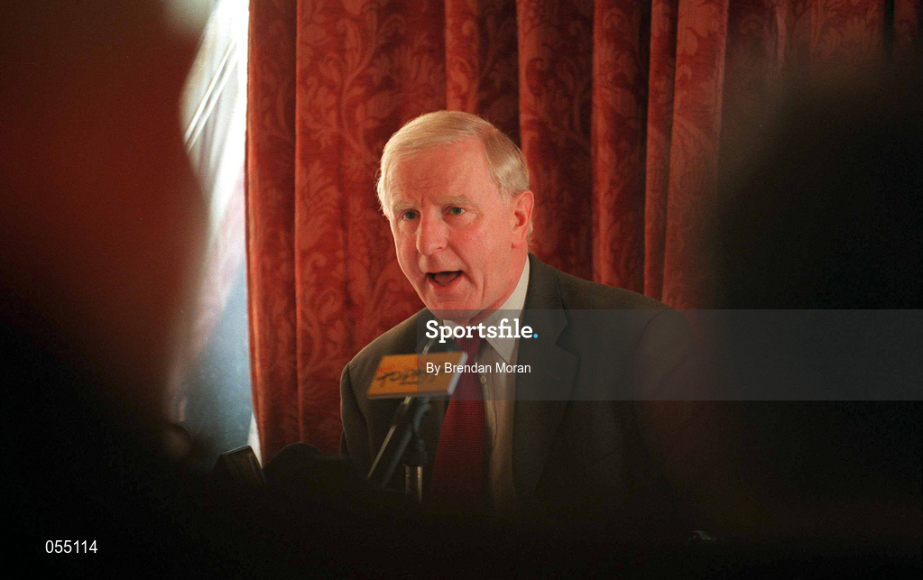 24 January 2001; President of the Olympic Council of Ireland Pat Hickey speaking at a press conference in the Shelbourne Hotel in Dublin, on the vision for the Olympic Movement in Ireland for the next 4 years up to and including the Athens Olympics. Photo by Brendan Moran/Sportsfile