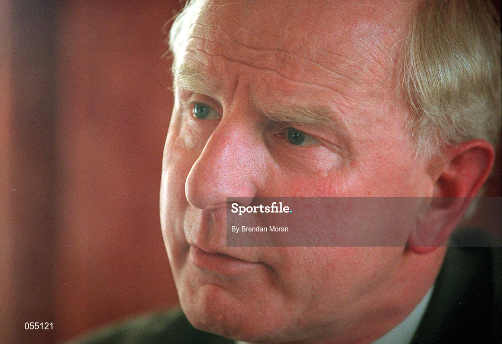 24 January 2001; President of the Olympic Council of Ireland Pat Hickey speaking at a press conference in the Shelbourne Hotel in Dublin, on the vision for the Olympic Movement in Ireland for the next 4 years up to and including the Athens Olympics. Photo by Brendan Moran/Sportsfile