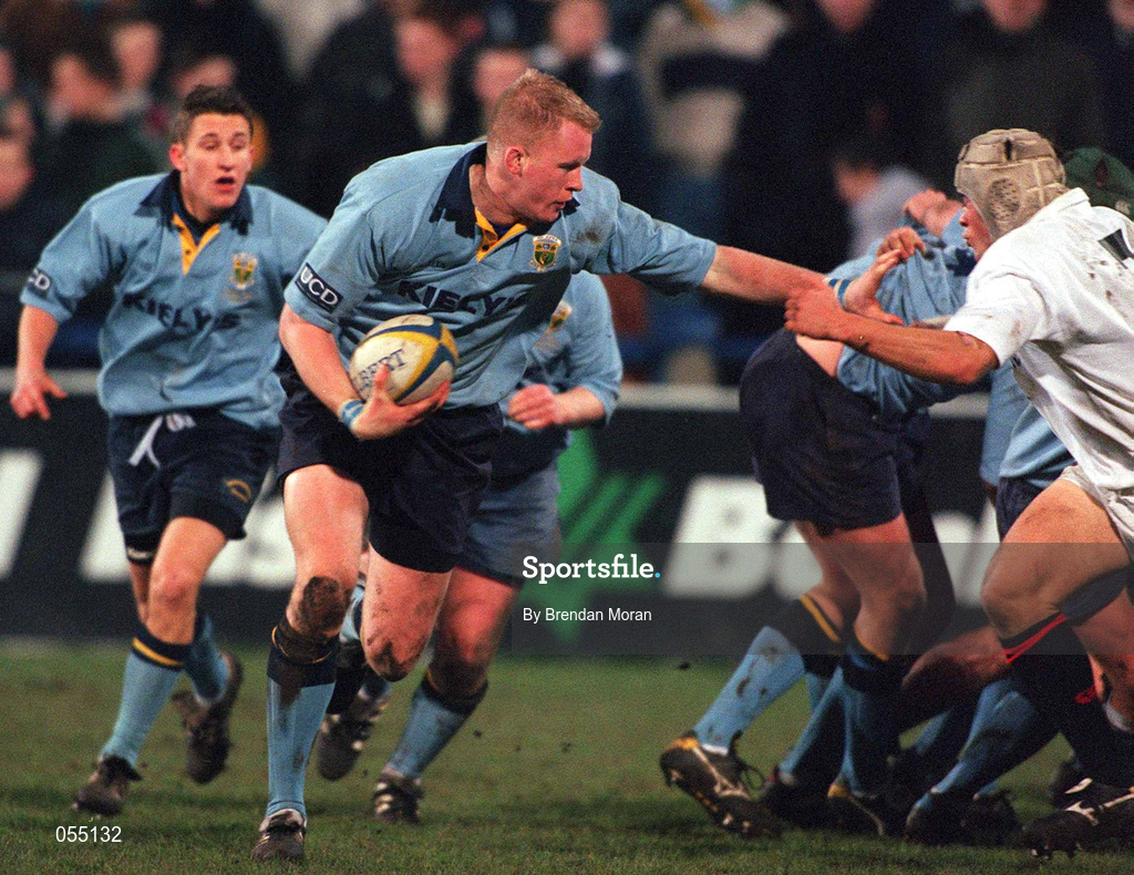 24 January 2001; Des Dillon of UCD in action against Richard Woods of Trinity during the Annual Rugby Colours Match between UCD and Trinity at Donnybrook Stadium in Dublin. Photo by Brendan Moran/Sportsfile