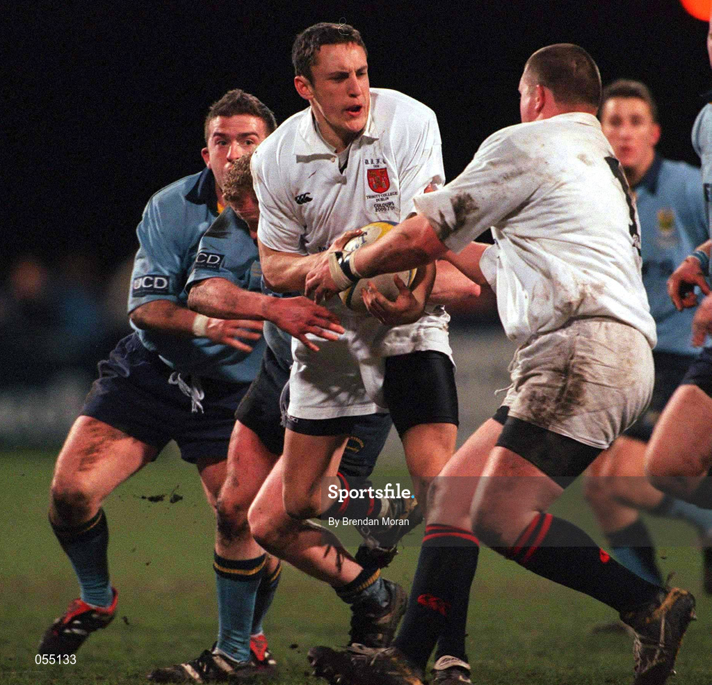24 January 2001; Kieran Lewis of UCD in action against Paddy Hickey Dwyer of Trinity during the Annual Rugby Colours Match between UCD and Trinity at Donnybrook Stadium in Dublin. Photo by Brendan Moran/Sportsfile