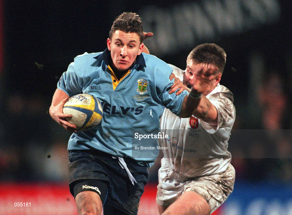 24 January 2001; Brian O'Riordan of UCD in action against Rory Wallace of Trinity during the Annual Rugby Colours Match between UCD and Trinity at Donnybrook Stadium in Dublin. Photo by Brendan Moran/Sportsfile