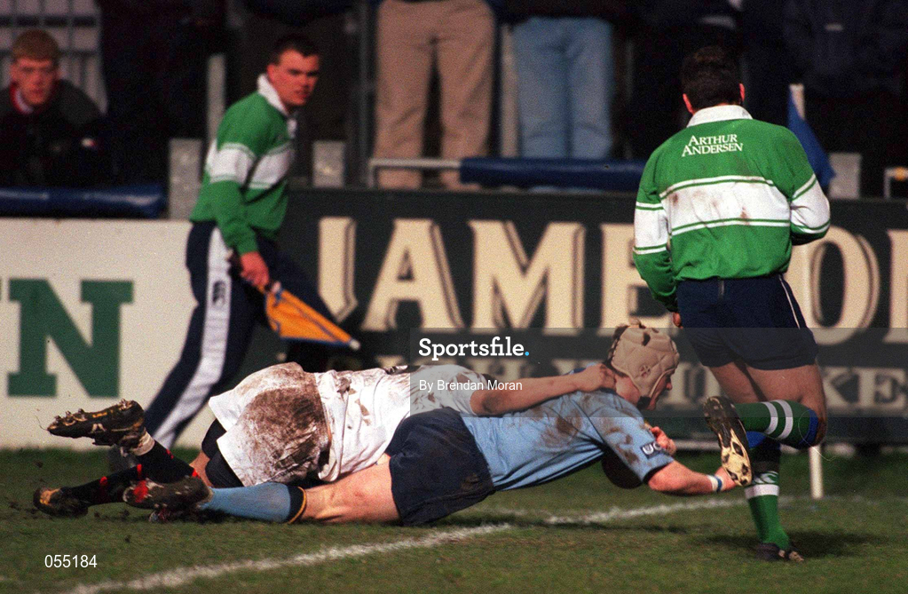 24 January 2001; Dermot O'Sullivan of UCD scores his side's first try during the Annual Rugby Colours Match between UCD and Trinity at Donnybrook Stadium in Dublin. Photo by Brendan Moran/Sportsfile