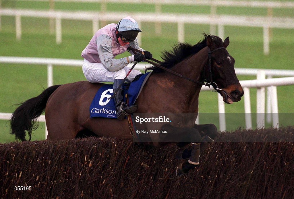 21 January 2001; Francines Boy, with Paul Moloney up, jumps the fence first time round during The Clarkson Financial Handicap Steeplechase at Leopardstown Racecourse in Dublin. Photo by Ray McManus/Sportsfile