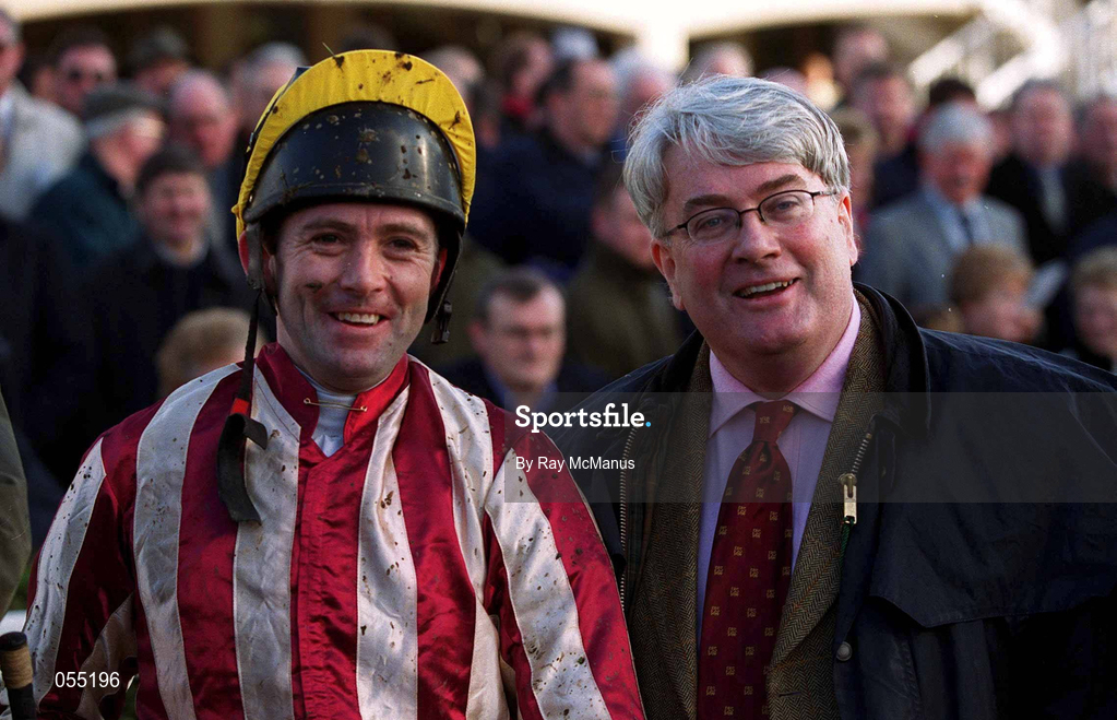 21 January 2001; Jockey Conor O'Dwyer, left and owner Frank Clarke after The Bailey's Arkle Perpetual Challenge Cup Novice Steeplechase at Leopardstown Racecourse in Dublin. Photo by Ray McManus/Sportsfile