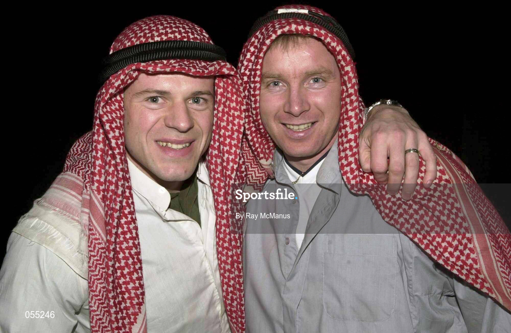 25 January 2001; Derry footballers Anthony Tohill and Kieran McGeever pictured during a traditional Bedouin evening during the Eircell GAA All-Star Tour to Dubai, United Arab Emirates. Photo by Ray McManus/Sportsfile