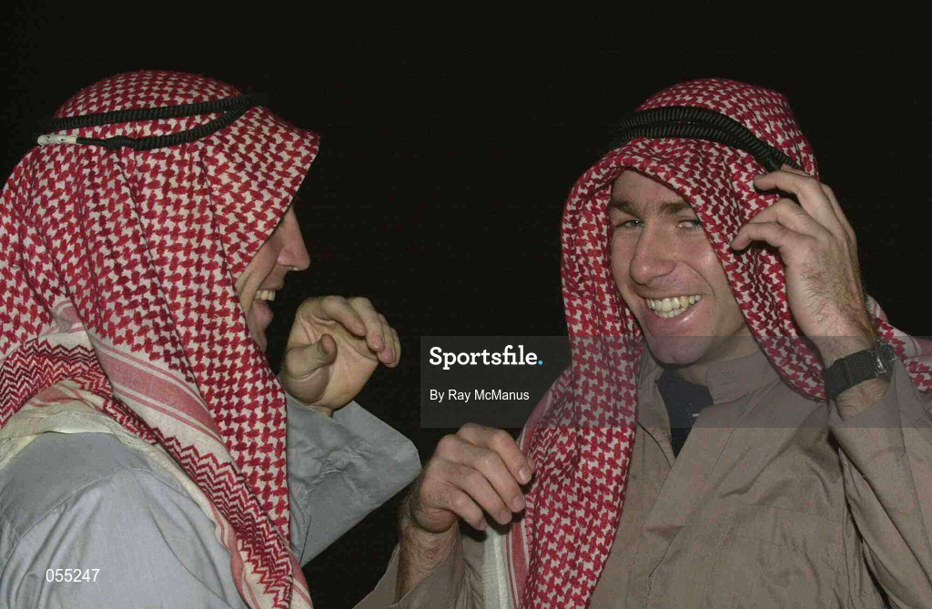 25 January 2001; Armagh players Kieran McGeeney and Diarmaid Marsden pictured during a traditional Bedouin evening during the Eircell GAA All-Star Tour to Dubai, United Arab Emirates. Photo by Ray McManus/Sportsfile