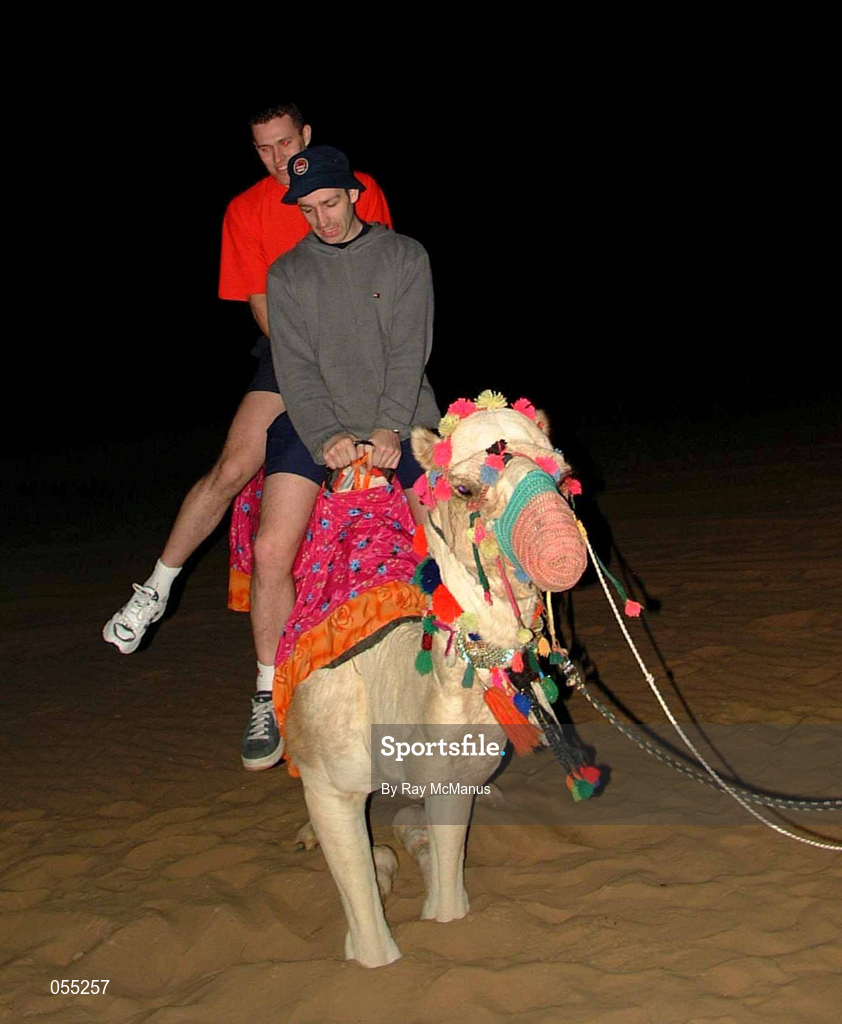 25 January 2001; Dublin players Ciaran Whelan and Ian Robertson pictured during a traditional Bedouin evening during the Eircell GAA All-Star Tour to Dubai, United Arab Emirates. Photo by Ray McManus/Sportsfile