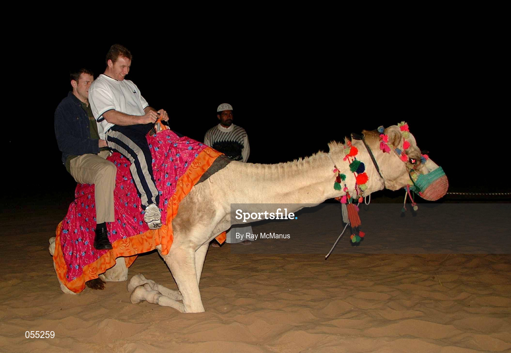 25 January 2001; Anthony Tohill and Kieran McKeever pictured on board a camel during the Eircell GAA All-Star Tour to Dubai, United Arab Emirates. Photo by Ray McManus/Sportsfile