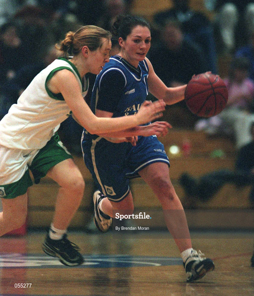 26 January 2001; Christine Kiely of Wildcats in action against Nollaig Cleary of UL Limerick during the ESB Women's Cup Semi-Final match between Wildcats and UL Limerick at the National Basketball Arena in Tallaght, Dublin. Photo by Brendan Moran/Sportsfile