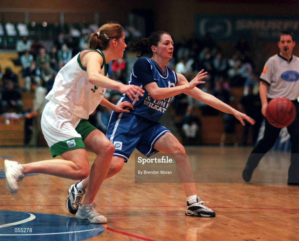 26 January 2001; Christine Kiely of Wildcats in action against Nollaig Cleary of UL Limerick during the ESB Women's Cup Semi-Final match between Wildcats and UL Limerick at the National Basketball Arena in Tallaght, Dublin. Photo by Brendan Moran/Sportsfile