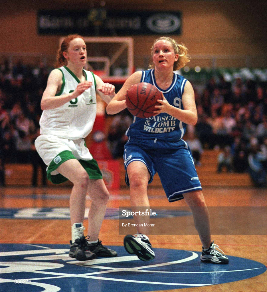 26 January 2001; Catriona White of Wildcats in action against Jillian Aherne of UL Limerick during the ESB Women's Cup Semi-Final match between Wildcats and UL Limerick at the National Basketball Arena in Tallaght, Dublin. Photo by Brendan Moran/Sportsfile
