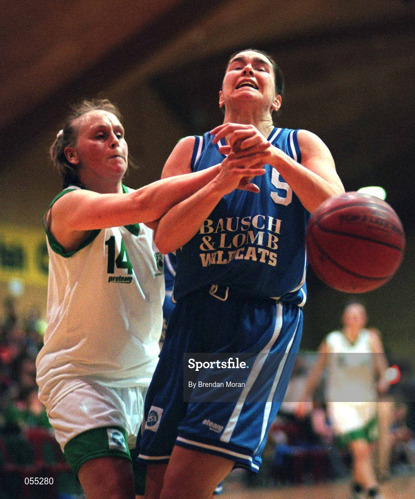 26 January 2001; Jillian Hayes of Wildcats is tackled by Michelle Aspell of UL Limerick during the ESB Women's Cup Semi-Final match between Wildcats and UL Limerick at the National Basketball Arena in Tallaght, Dublin. Photo by Brendan Moran/Sportsfile