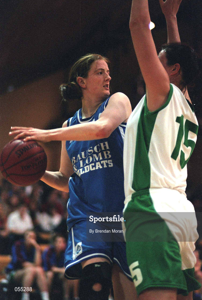 26 January 2001; Orla Dempsey of Wildcats in action against Sinead Leahy of UL Limerick during the ESB Women's Cup Semi-Final match between Wildcats and UL Limerick at the National Basketball Arena in Tallaght, Dublin. Photo by Brendan Moran/Sportsfile