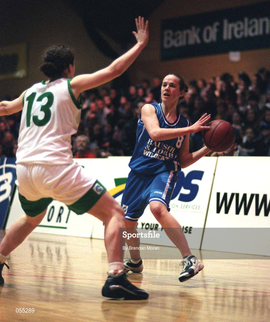 26 January 2001; Kim Fitzpatrick of Wildcats in action against Maura Guiney of University of Limerick during the ESB Women's Cup Semi-Final match between Wildcats and UL Limerick at the National Basketball Arena in Tallaght, Dublin. Photo by Brendan Moran/Sportsfile