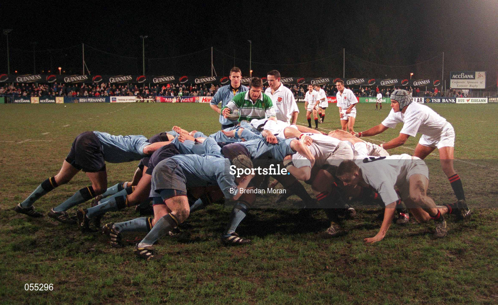 24 January 2001; A scrum during the Annual Rugby Colours Match between UCD and Trinity at Donnybrook Stadium in Dublin. Photo by Brendan Moran/Sportsfile