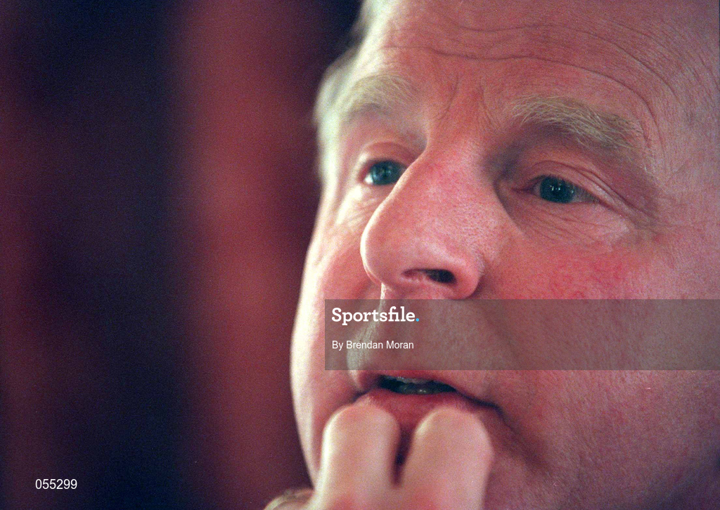 24 January 2001; President of the Olympic Council of Ireland Pat Hickey speaking at a press conference in the Shelbourne Hotel in Dublin, on the vision for the Olympic Movement in Ireland for the next 4 years up to and including the Athens Olympics. Photo by Brendan Moran/Sportsfile