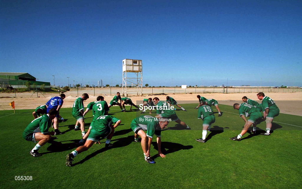 26 January 2001; Members of the local Dubai Celts team warm up prior to the start of their game against a Gulf States selection which preceded the exhibition match on the Eircell GAA All-Star tour at the Dubai Rugby Ground in Dubai, United Arab Emirates. Photo by Ray McManus/Sportsfile