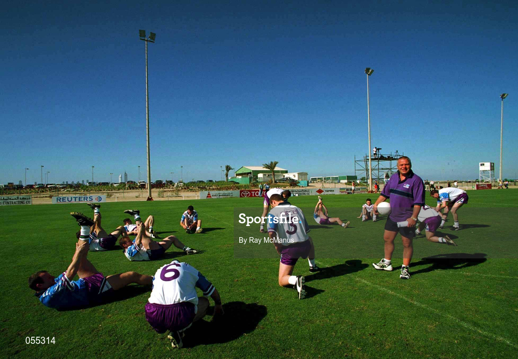 26 January 2001; The Eircell GAA 2000 All Star team 'warm up' ahead of an exhibition match on the Eircell GAA All-Star tour at the Dubai Rugby Ground in Dubai, United Arab Emirates. Photo by Ray McManus/Sportsfile